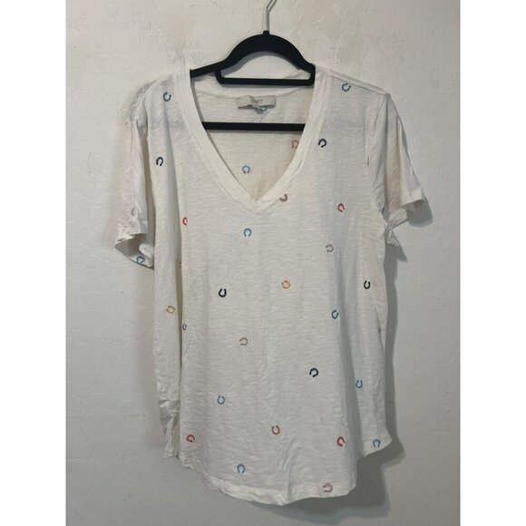 Loft Sz L Horseshoe Motif Embroidered V Neck T Shirt Multicolor Embroidery - Picture 1 of 6